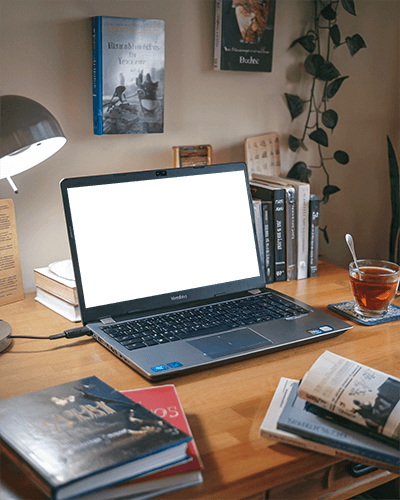 Cozy Study Laptop Mockup Desk With Books Tea And Lamp Warm Lighting Home Library Vibe 041
