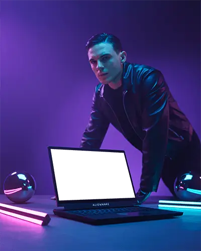 Futuristic Gaming Laptop Display With Neon Lighting And Innovative Technology Interface