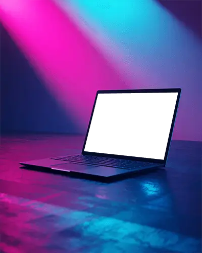 Laptop Device Mockup On Reflective Surface With Vibrant Colorful Lights For Creative Use
