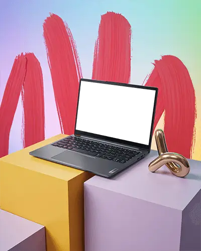 Modern Laptop Mockup On Geometric Blocks With Abstract Colorful Brush Background Creative