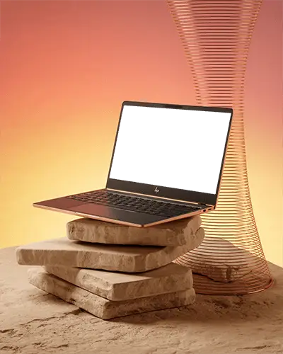 Sleek Ultra Thin Laptop Mockup On Stacked Rocks With Unique Abstract Background Design