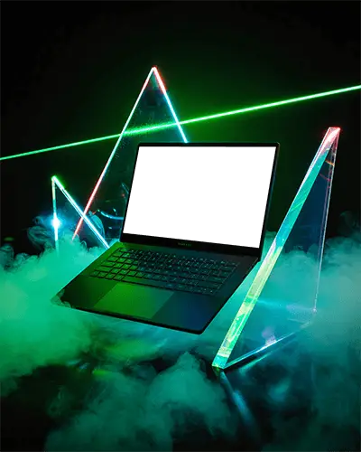 Laptop Mockup With Neon Light Triangles And Mystical Smoke Background For Tech Advertising