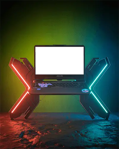 Floating Laptop Mockup With Digital X Stands And Blank Screen On Surreal Background