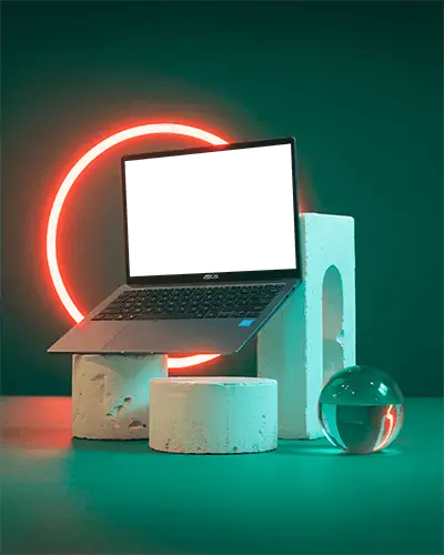 Modern Laptop Mockup On Abstract Pedestal With Neon Light Background For Design