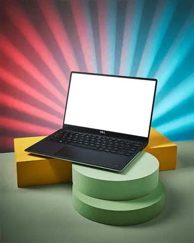 Dell Minimalist Laptop Mockup With Keyboard Layout On Round And Rectangular Stands