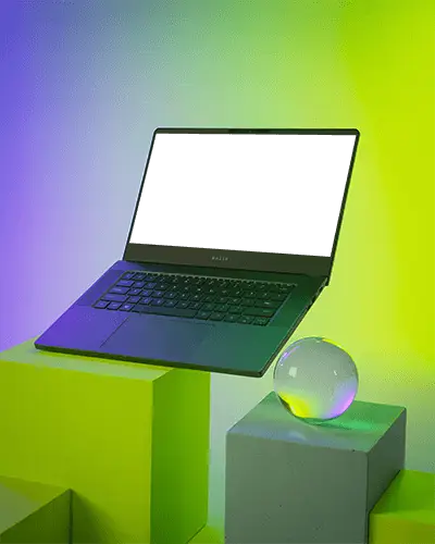 Cutting Edge Laptop Mockup With Blank Screen Floating Above Abstract Geometric Blocks Setup