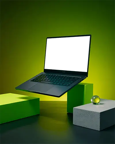 Sleek Modern Laptop Mockup Floating Above Geometric Blocks For Digital Design Showcase
