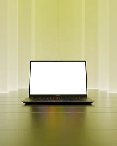 Sleek Modern Laptop Mockup On Minimalist Surface With Reflective Light Design Background
