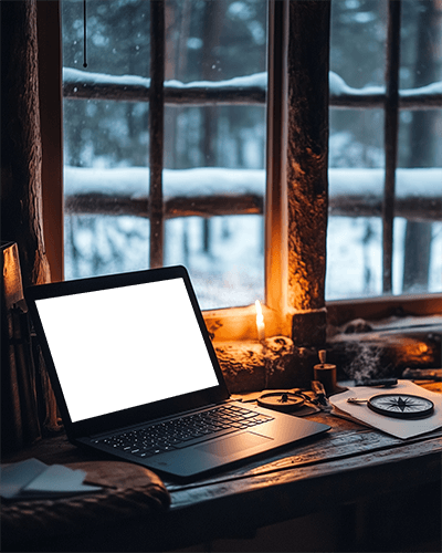 Rustic Winter Laptop Mockup In Cabin With Candlelight And Snowy Forest View Cozy And Adventurous Ambience 045