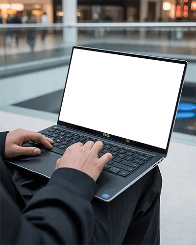 Hands Typing On Sleek Dell Laptop Mockup Blank Screen Closeup In Modern Indoor Setting