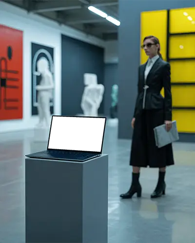 Sleek Microsoft Surface Laptop Mockup In Modern Art Gallery With Sculptures And Bold Wall Design