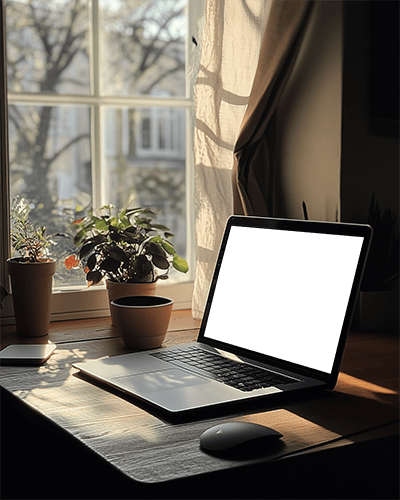 Cozy Window Desk Laptop Mockup Warm Sunlight Wooden Surface Potted Plants And Flowing Curtains 047