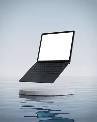 Microsoft Surface Laptop Mockup Floating Above Water On Round Platform With Minimalist Blue Backdrop