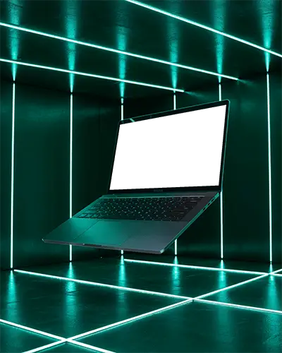 Razer Gaming Laptop Mockup Floating In Futuristic Green Neon Grid Room With Modern Digital Ambience