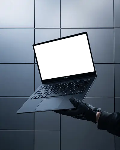 Dell Laptop Mockup Held By Gloved Hand Against Modern Metallic Tiled Wall Minimal Tech Inspired