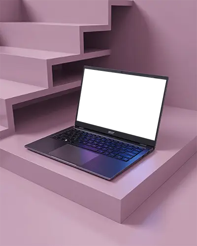 Acer Laptop Mockup On Modern Pink Staircase With Minimalist Architecture And Stylish Soft Color