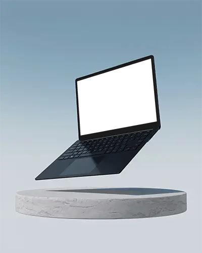 Microsoft Surface Laptop Mockup Floating Above Stone Podium In Minimal Sky Background Clean Design