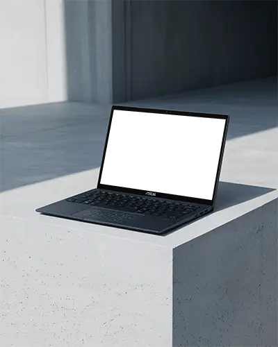 Asus Laptop Mockup On Minimal Concrete Block In Modern Architectural Setting With Natural Daylight