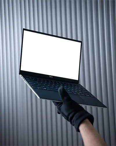Dell Laptop Mockup Held By Gloved Hand Against Industrial Ribbed Metal Background In Modern Style