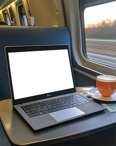 Train Journey Laptop Mockup Cozy Window Seat Sunset View Hot Coffee On Tray Table 048