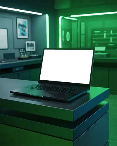 Razer Laptop Mockup On Modern Desk In Gaming Room With Green Neon Lighting And Futuristic Setup