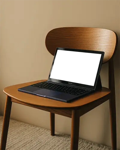 Samsung Laptop Mockup On Wooden Chair In Minimal Home Office With Warm Light And Natural Textures