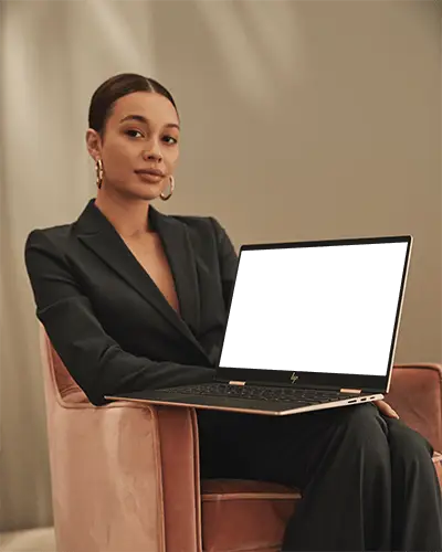 Hp Laptop Mockup Held By Elegant Woman In Business Suit Sitting On Velvet Chair In Stylish Interior