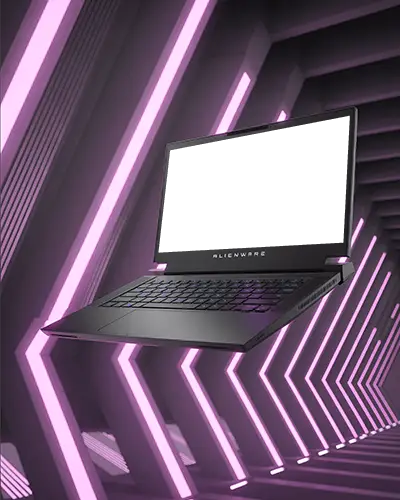 Alienware Gaming Laptop Mockup Floating In Futuristic Neon Tunnel With Purple And Pink Lighting