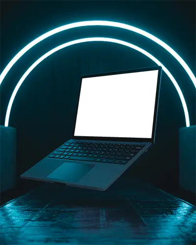 Microsoft Surface Laptop Mockup Floating In Futuristic Scene With Glowing Blue Neon Arc Lighting