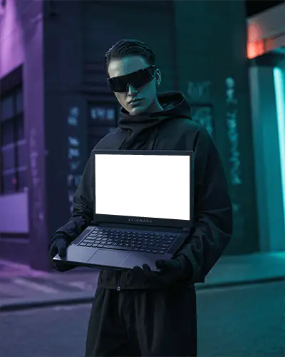 Alienware Gaming Laptop Mockup Held By Model In Cyberpunk Street With Purple And Blue Neon Light