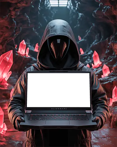 Alienware Gaming Laptop Mockup Held By Hooded Figure In Fantasy Crystal Cave With Red Glow Crystals