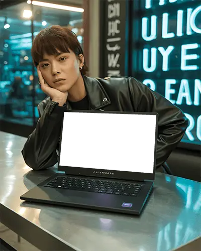 Alienware Gaming Laptop Mockup On Metal Table With Person In Leather Jacket In Urban Neon Cafe