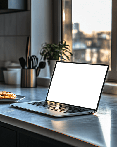 Sunlit Kitchen Laptop Mockup Modern Countertop Cozy Morning Lighting 050