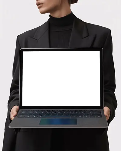 Microsoft Surface Laptop Mockup Held By Woman In Black Blazer Against Clean White Background Style