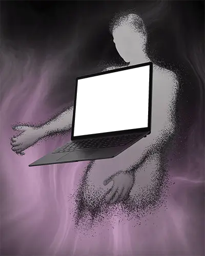 Microsoft Surface Laptop Mockup Floating With Digital Human Silhouette In Purple Smoke Art Scene