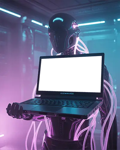 Alienware Laptop Mockup Held By Futuristic Cyborg In Cyberpunk Environment With Neon Lights