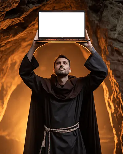 Hp Laptop Mockup Held By Monk In Cave With Dramatic Firelight Background