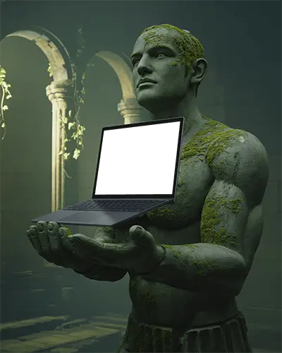 Microsoft Surface Laptop Mockup Held By Mossy Stone Statue In Ancient Ruins
