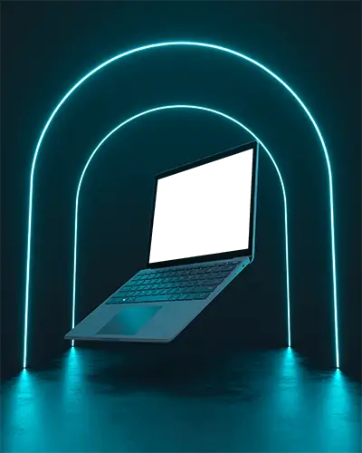 Microsoft Surface Laptop Mockup Floating In Neon Arch With Futuristic Blue Light