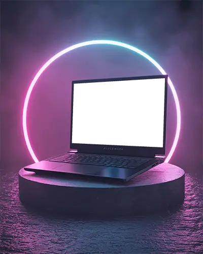 Alienware Laptop Mockup On Pedestal With Glowing Neon Circle Background