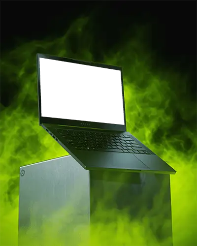 Razer Gaming Laptop Mockup Surrounded By Green Smoke On Industrial Pedestal