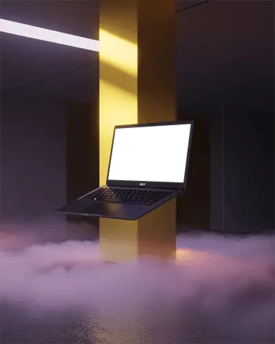 Acer Laptop Mockup Floating In Futuristic Room With Yellow Pillar And Fog