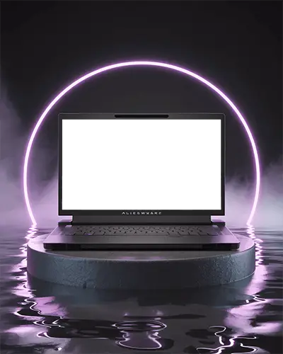 Alienware Gaming Laptop Mockup Floating On Pedestal With Pink Neon Ring And Water Reflection