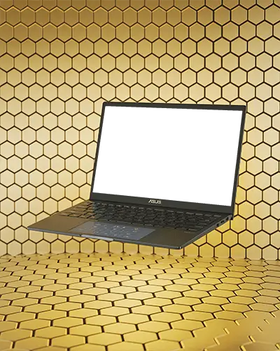 Asus Laptop Mockup Floating In Golden Honeycomb Background Luxury Digital Scene