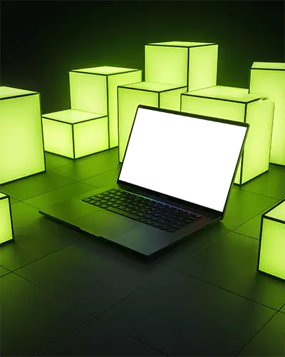Razer Gaming Laptop Mockup Surrounded By Glowing Green Cubes In Dark Futuristic Room
