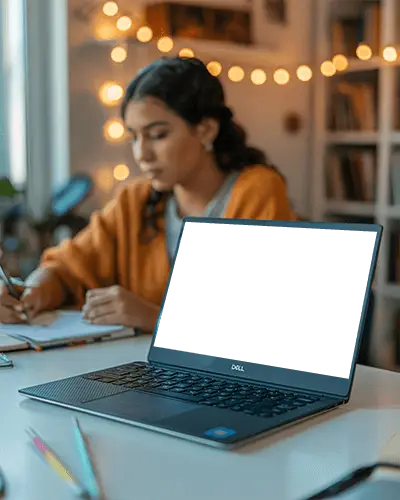 Dell Laptop Mockup In Cozy Home Office Setup With Student Studying In Background