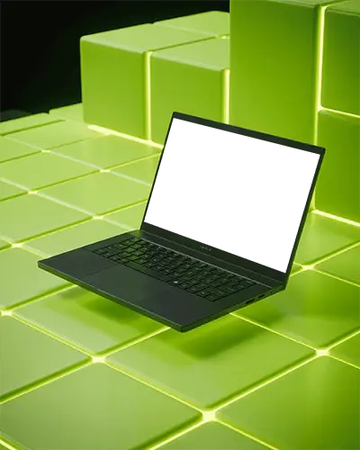 Razer Gaming Laptop Mockup Floating Above Glowing Green Cubical Platform