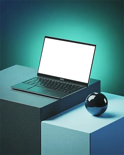 Dell Laptop Mockup On Geometric Pedestals With Minimalist Blue Light Background