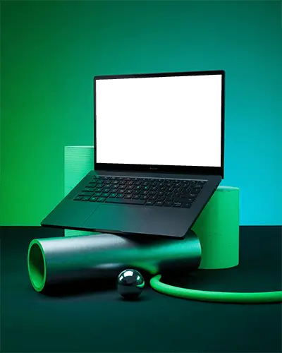 Razer Gaming Laptop Mockup On Abstract Green Pipe With Modern Futuristic Lighting Scene