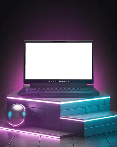 Alienware Gaming Laptop Mockup On Futuristic Neon Platform With Purple And Cyan Lighting